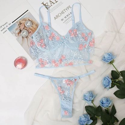 Conjunto de 2 piezas de sujetador y bragas con bordado Floral de encaje
