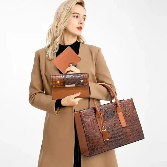 Sabina | Elegante conjunto de bolso, cartera y clutch con estampado de cocodrilo
