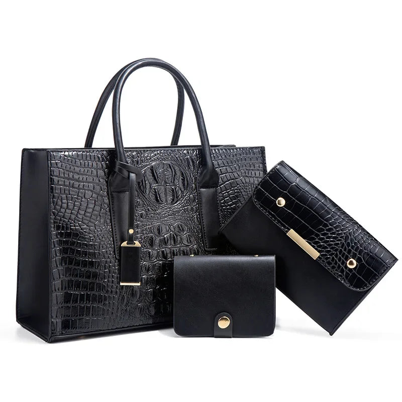 Sabina | Elegante conjunto de bolso, cartera y clutch con estampado de cocodrilo