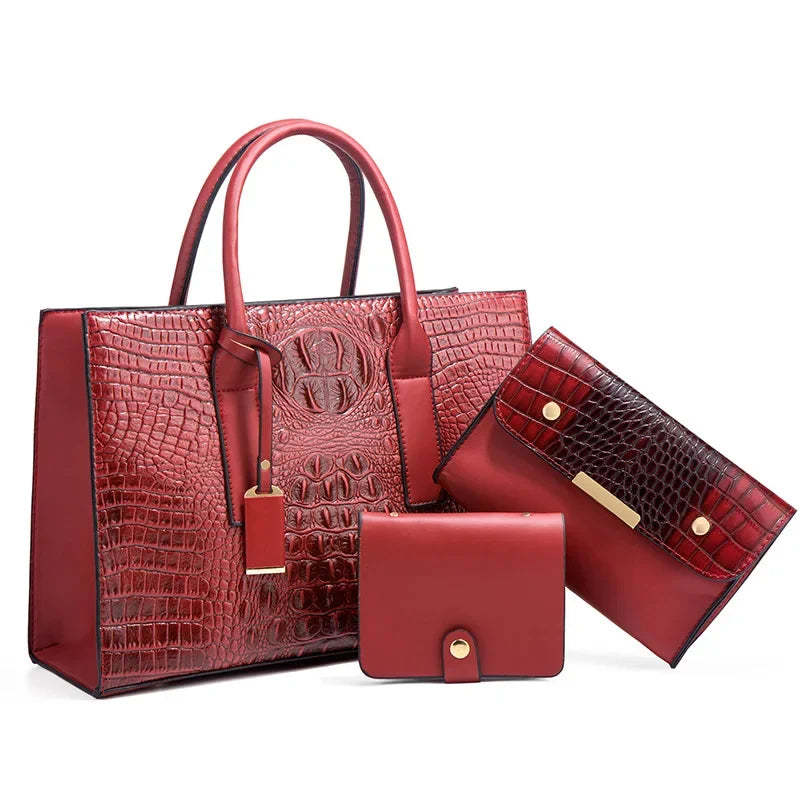 Sabina | Elegante conjunto de bolso, cartera y clutch con estampado de cocodrilo
