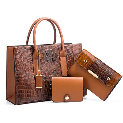 Sabina | Elegante conjunto de bolso, cartera y clutch con estampado de cocodrilo